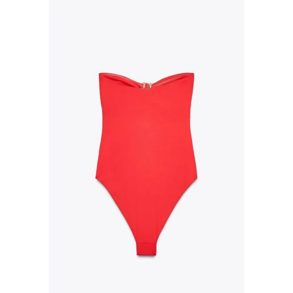 Zara Womens Swimsuit S Orange Cut Out Floral Bandeau Summer Beach 0167/203 NWT - Picture 4 of 13
